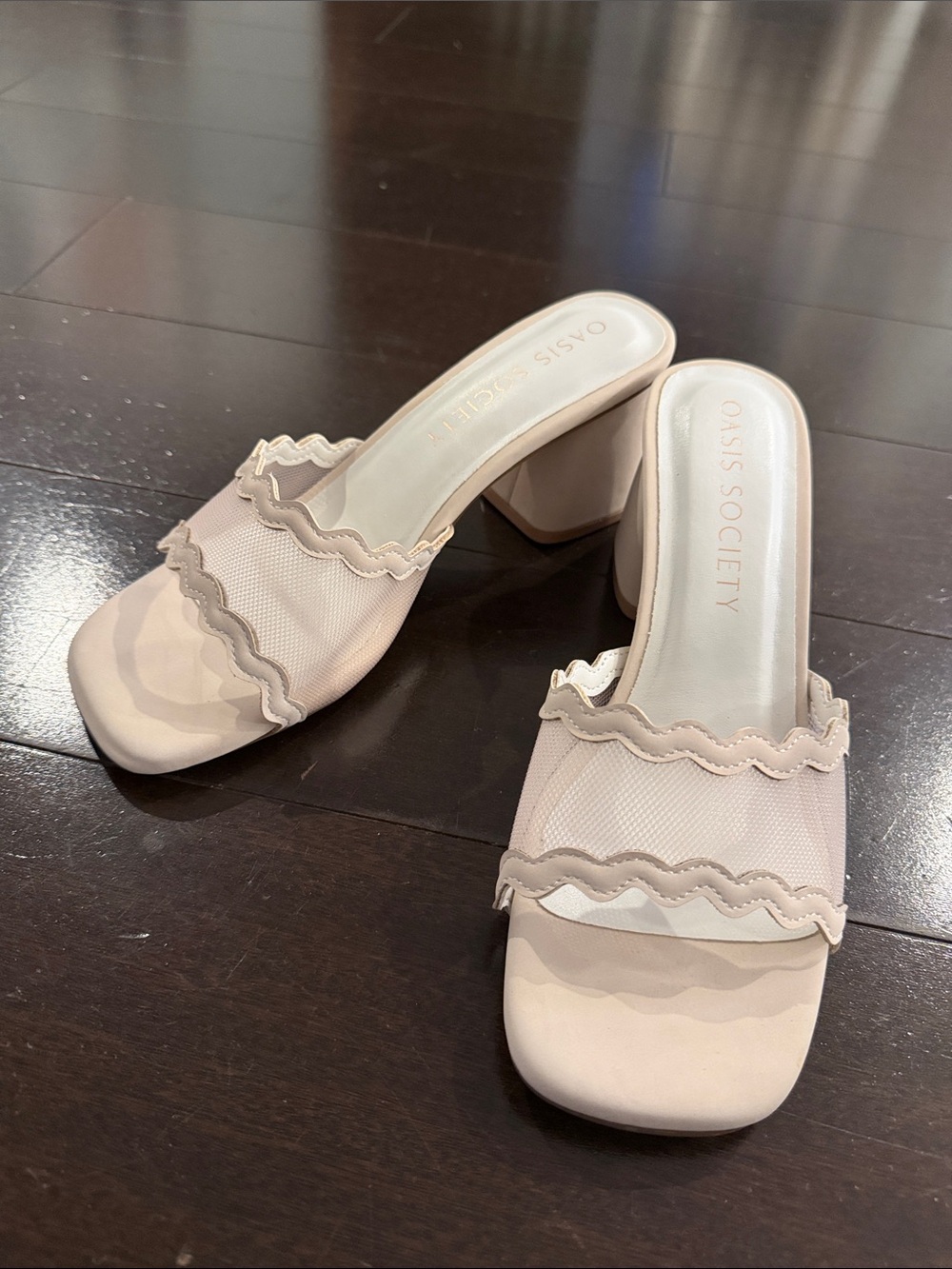 Oasis Society Cream Scalloped Mesh Block Heel Mule